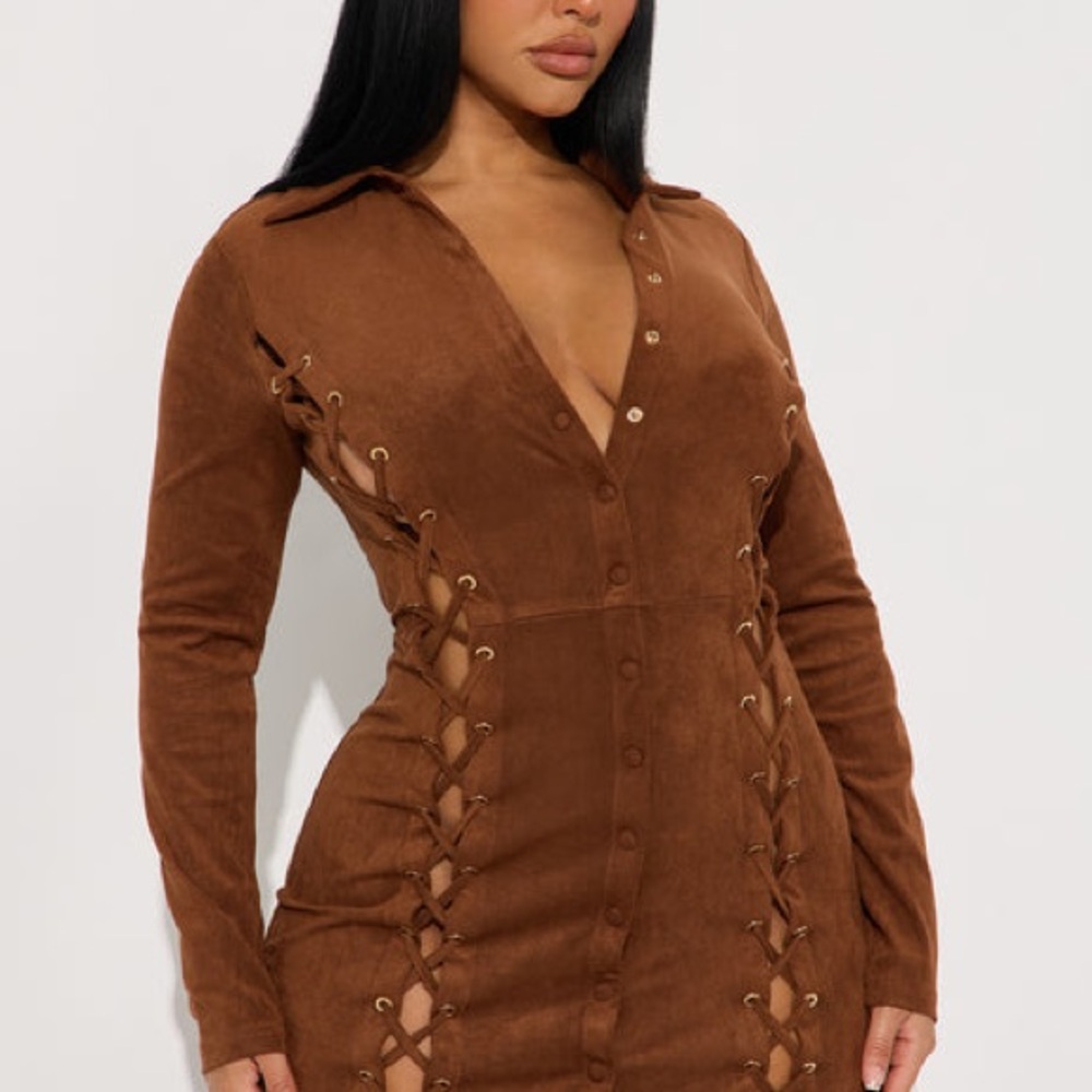 New Fashion Nova  Luxe Suede Lace Up Boho Maxi Dress - Brown Size Small - Picture 3 of 4